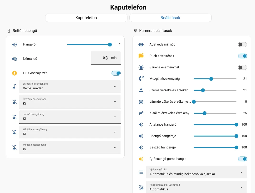 Home Assistant kaputelefon-beállítások: a beltéri csengő hangereje és csengőhangjai, valamint a kamera érzékenységi, értesítési és hangerő-beállításai